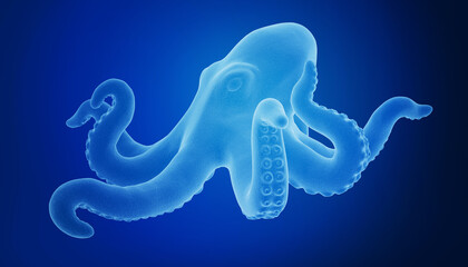 Transparent octopus illustration against a vibrant blue background, showcasing dynamic tentacles.