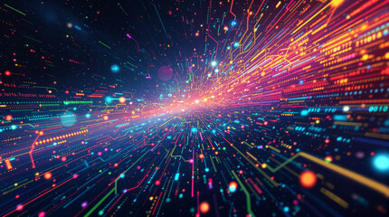 Fototapeta premium A vibrant, multicolored digital light streak effect, resembling data streams converging and diverging from a central point in a dark background. Intense luminosity and dynamic movement are depicted