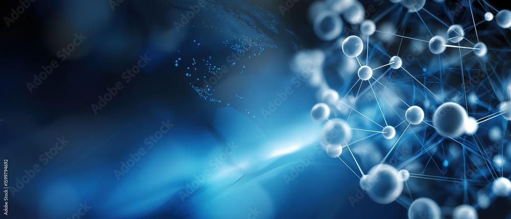 Poster abstract earth map integrated with luminous network spheres on digital blue background, symbolizing 