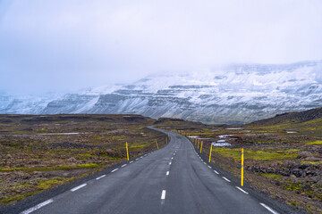 Mountain landscape on Seyðisfjarðarvegur from Egilsstaðir to Seyðisfjörður in eastern Iceland