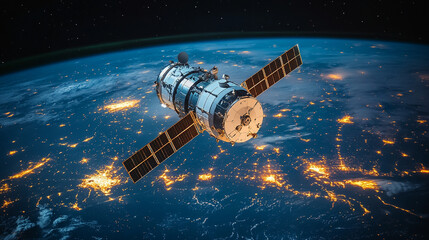 A sleek, high-tech artificial satellite orbits Earth against a backdrop of twinkling stars in deep space. The scene highlights advanced technology, space exploration, and futuristic satellite design w