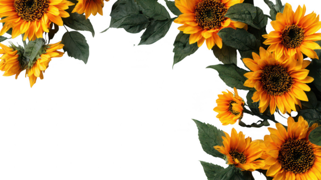 Bright Yellow Decorative Sunflower Border with Green Leaves on Transparent Background