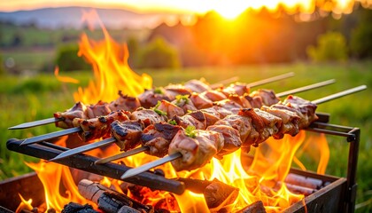 Grilled meat skewers over campfire