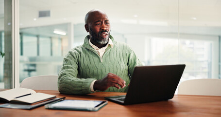 Laptop, confused and black man in office with mistake on stock market for company investment....