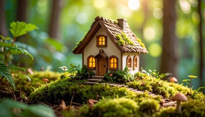 Magical fairy house nestled in a lush forest setting. Ideal for fantasy themes, children stories, enchanted nature scenes, fairy tales, and whimsical artwork