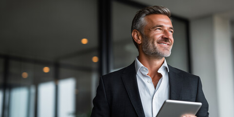 Glücklicher Geschäftsmann mittleren Alters im Anzug steht im Büro und nutzt ein digitales Tablet. 