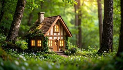 A charming fairy house nestled in the woods, surrounded by nature