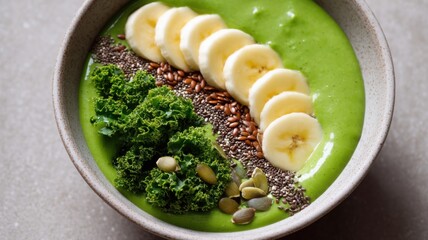 Healthy, high fiber, vegetarian recipes. A vibrant green smoothie bowl topped with banana slices, kale, flax seeds, chia seeds, and pumpkin seeds in a rustic bowl.