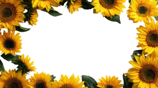 Bright Yellow Decorative Sunflower Border with Green Leaves on Transparent Background
