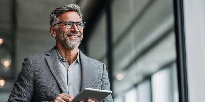 Gl&uuml;cklicher Gesch&auml;ftsmann mittleren Alters im Anzug steht im B&uuml;ro und nutzt ein digitales Tablet. 