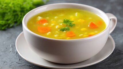 Healthy, high fiber, vegetarian recipes. A bowl of vegetable soup with corn, carrots, and fresh herbs served on a white plate.