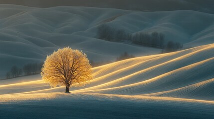 Frozen tree, sunlit winter landscape
