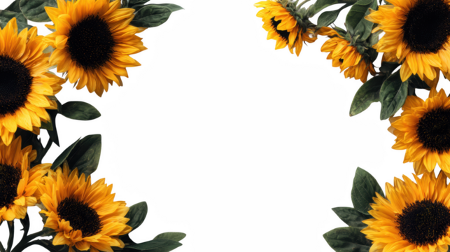 Bright Yellow Decorative Sunflower Border with Green Leaves on Transparent Background