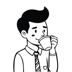 Young man in business attire drinking coffee in a casual setting. Male professional enjoying a beverage at work. Young adult business professional enjoying coffee break at office -