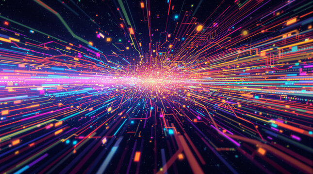 A vibrant, abstract digital artwork depicting a futuristic hyperspace tunnel. Multicolored streaks of light converge towards a bright central point, creating a sense of depth and speed.