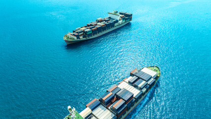 Aerial view of the freight shipping transport system cargo ship container. international...