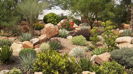 A xeriscaped garden thrives with diverse succulents, agaves, and drought-tolerant shrubs nestled amongst  large, natural-colored rocks and gravel.  