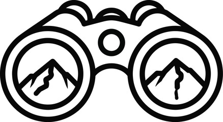 A minimalist line art illustration showcases binoculars with mountain peaks visible through the lenses, ideal for travel, adventure, and exploration themes, rendered in black and white.
