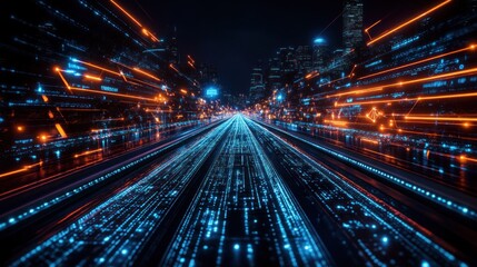 Fototapeta premium Futuristic city street with digital data streams