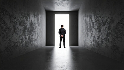 Obraz premium Businessman standing at the entrance to the light. Business concept about success and ambition.