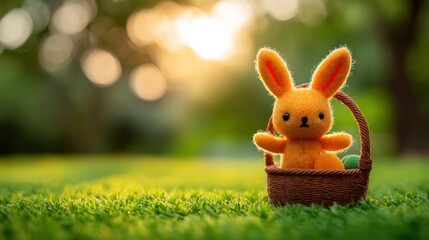 Orange rabbit figurine in a small basket on grass.