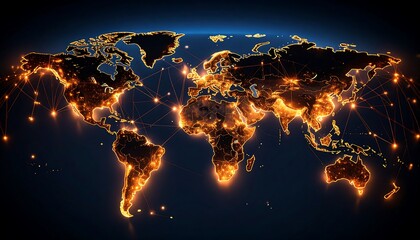Global network map. Illuminated world map with interconnected nodes