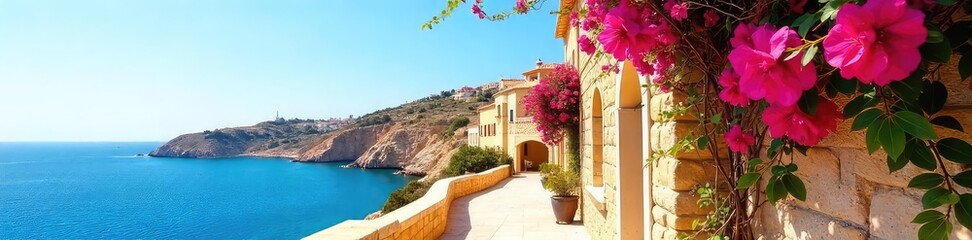 Golden Maltese sun-drenched streets, vibrant bougainvillea cascading over ancient stone walls, clear blue sky, idyllic summer scene , heat, holiday