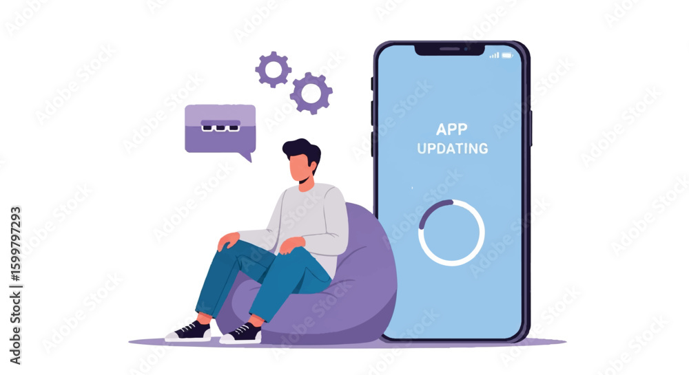 Poster man sitting on a beanbag with phone app updating on white background
