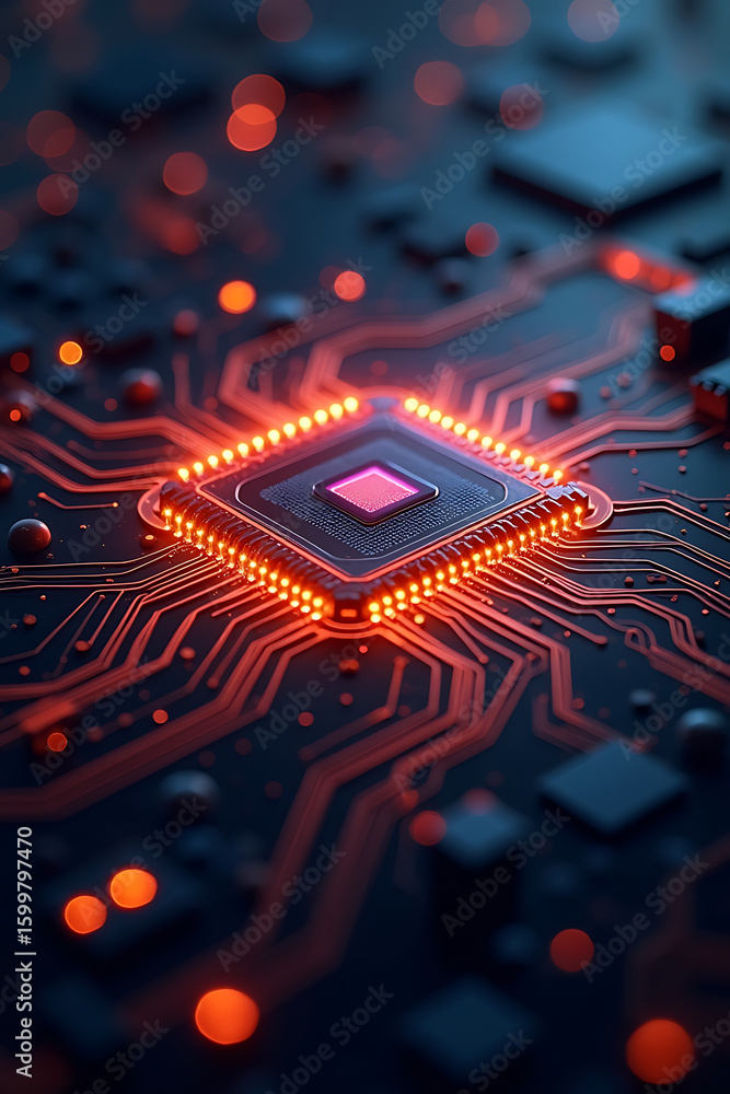 Poster illuminated central processing unit on a circuit board, showcasing digital technology.
