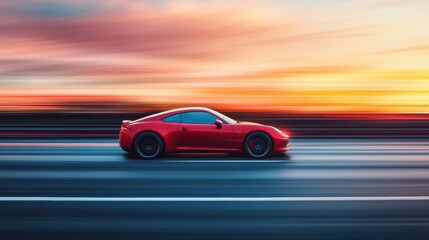 Red sports car speeding on highway at sunset. (1)
