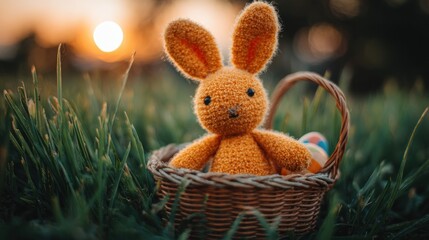 Crochet bunny in a basket of grass.
