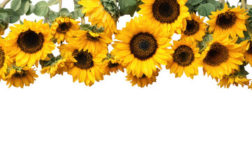 Obraz premium Bright Yellow Decorative Sunflower Border with Green Leaves on Transparent Background