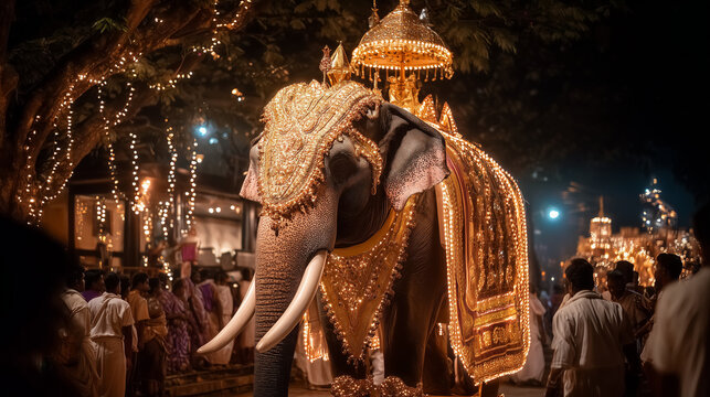 Esala Perahera (closing): Decorated elephant with golden headdress parading at night with glowing lights, final day of Perahera festival in Kandy, Sri Lanka