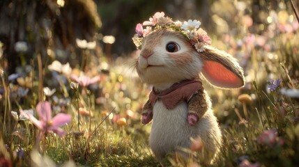 Cute little bunny with flower crown in a meadow.