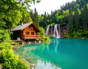 Cozy wooden cabin by turquoise lake with cascading waterfall and lush forest isolated on transparent background PNG 