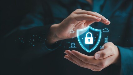 Hands protecting digital shield with padlock, representing data security and privacy