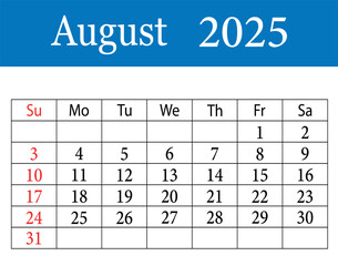 August month calendar 2025 vector design. August 2025 calendars