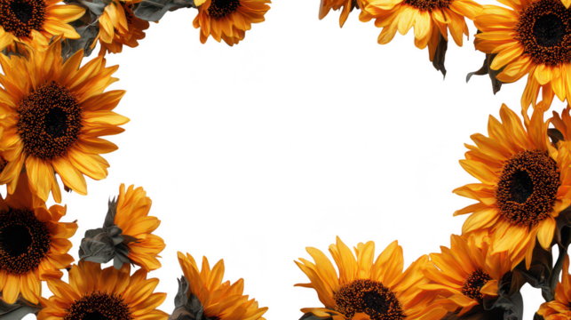 Bright Yellow Decorative Sunflower Border with Green Leaves on Transparent Background
