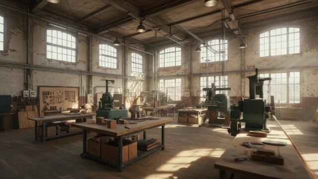 An aged, sunlit workshop interior with exposed beams, large windows, and various machinery. Workbenches and wooden floors complement the aesthetic