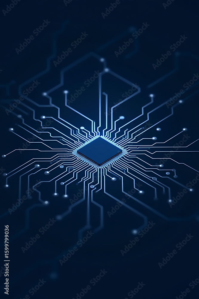 Poster abstract digital illustration of a central processor unit with interconnected lines on a dark blue b