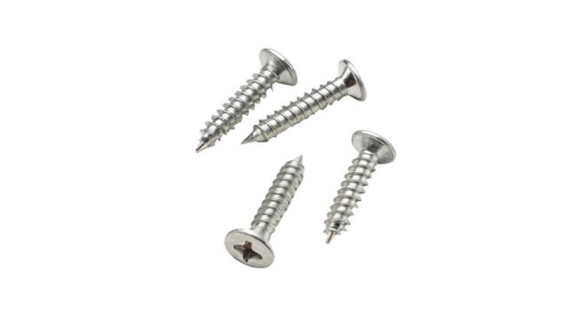 Silver Wood Screws with Phillips Head – Construction Hardware Isolated on Transparent Background