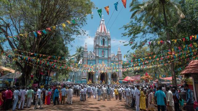 Feast of Our Lady of Health: Crowds participating in procession carrying statue of Our Lady of Velankanni through church grounds, colorful flags, faithful ambiance