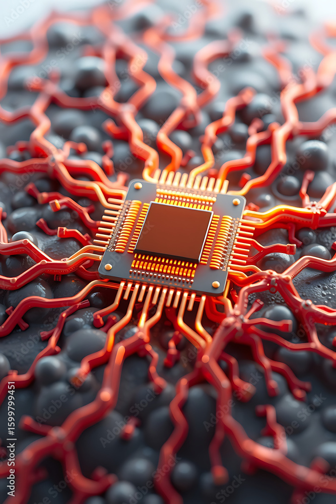 Poster a close-up of a microchip with glowing orange lines resembling veins on a textured gray surface.
