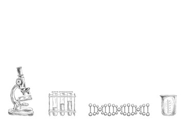 Science element set on white background. Hand drawn of microscope, test tube, measuring cup, and DNA