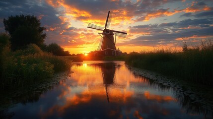 Golden Dutch windmill sunset reflection