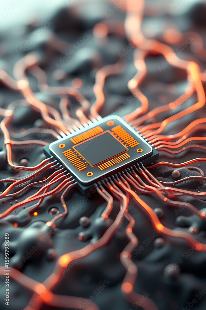 Poster close-up of a microchip with orange wiring on a textured, dark background, showcasing technology and
