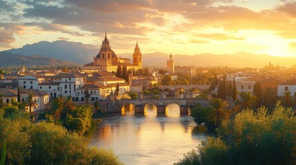 Golden hour cityscape, ancient architecture, flowing river, and tranquil atmosphere