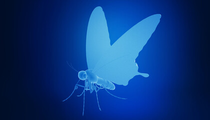 A futuristic digital butterfly rendered in blue, floating against a dark background.