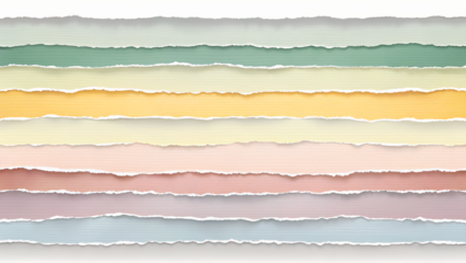 Multiple horizontal strips of torn paper in various pastel colors are layered against a transparent