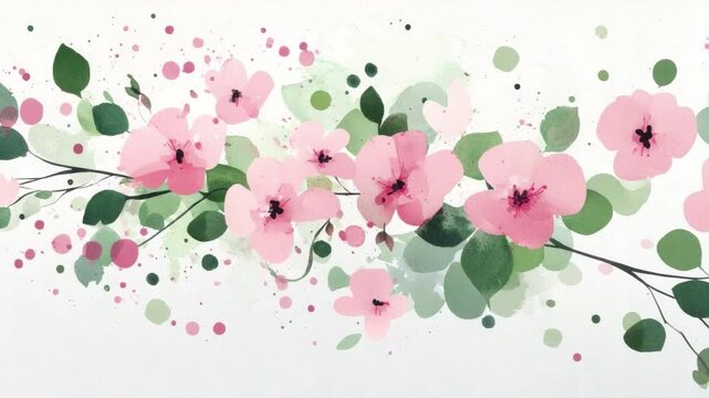 Delicate Watercolor Flowers with Green Leaves in Soft Pastel Colors on a White Background 4k video footage